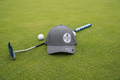 A grey Apex by Fore Over Par on a green with a putter and two golf balls behind it.