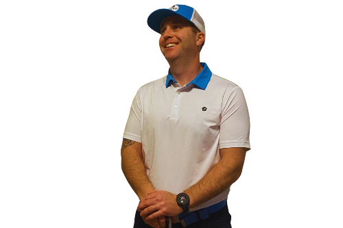 A 5'9" man wearing a white polo shirt with a blue collar, a blue and white cap, and dark pants, holding a golf club against a plain white background.